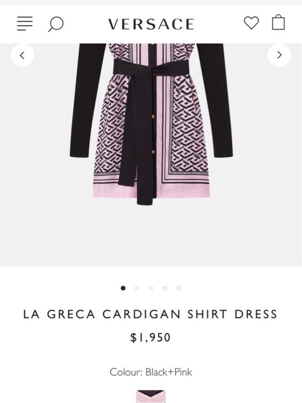 Versace Pink & Black La Greca Cardigan Shirt Dress Size 42. M/L